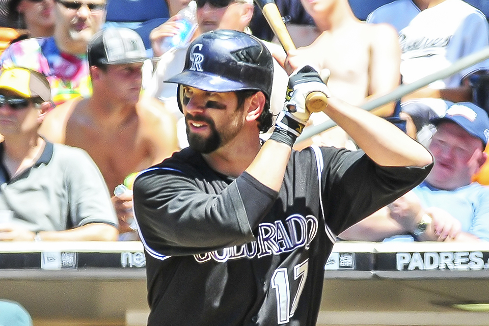 Todd Helton, National Baseball Hall of Fame Class of 2024, at the plate for the Colorado Rockies.